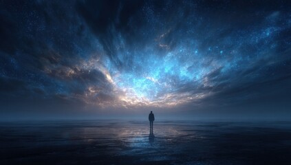 Majestic galaxy nebula with bright blue stars above silhouette man reflection on water representing universe wonder.