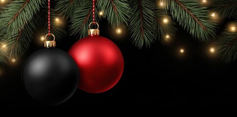 Red and black Christmas baubles hanging from green pine branches with golden string lights glowing on dark background, for eleg...