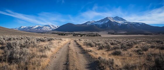 A dirt road winds through a high desert landscape, towards snow-capped mountains