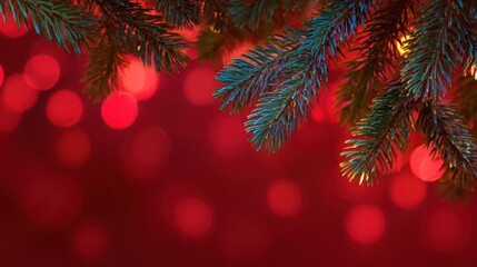 Christmas pine branches with blue-green needles on vibrant red background with bokeh lights, for festive holiday vibe.