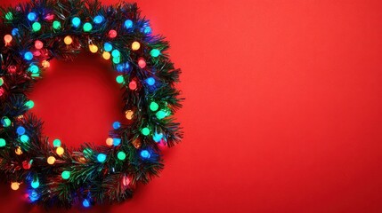 Colorful Christmas wreath with LED lights on red background representing holiday decoration and festive season. Top view design.