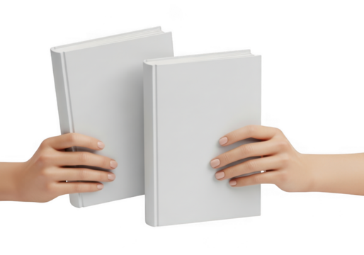 Two blank white books held by hands isolated on transparent background