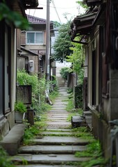 Fototapeta premium A narrow alleyway between Japanese homes, overgrown with greenery