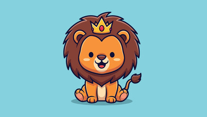Fototapeta premium Cute Cartoon Lion King Wearing Golden Crown Sitting Happily.