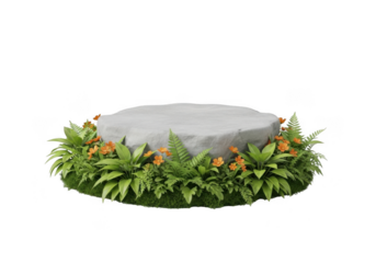 Natural stone pedestal surrounded by lush greenery isolated on transparent background