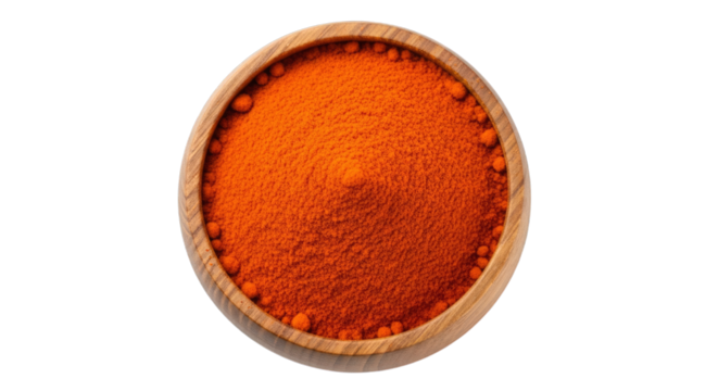 Aerial view of orange powder in a light brown wooden bowl isolated on transparent background - Powered by Adobe