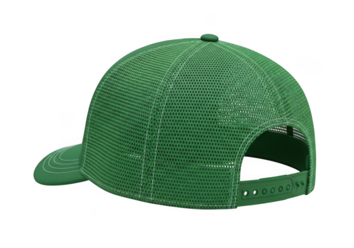 A vibrant green mesh trucker hat with a curved brim isolated on transparent background