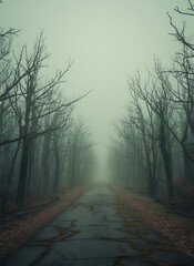 Naklejka premium A cracked, desolate road vanishes into a dense, foggy forest lined with bare, leafless trees.