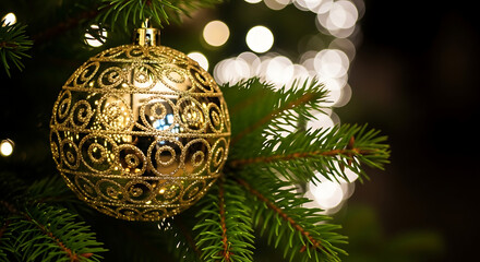 2026 Gold Bauble on Pine with Dark Copy Space