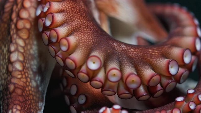 Macro cinematic shot of octopus arm gently curling, close detail on skin texture and color shift, soft lighting.