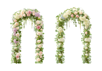 Romantic White and Pink Rose Wedding Arch with Eucalyptus Foliage on a transparent background