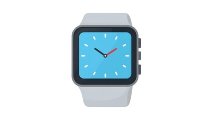 A flat-design illustration of a modern square-faced wristwatch with a blue dial, grey band, and black and red hands