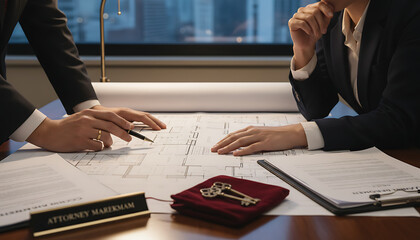 Two professionals review architectural blueprints at a desk, with a pen pointing to the design and keys resting nearby in a modern office setting.