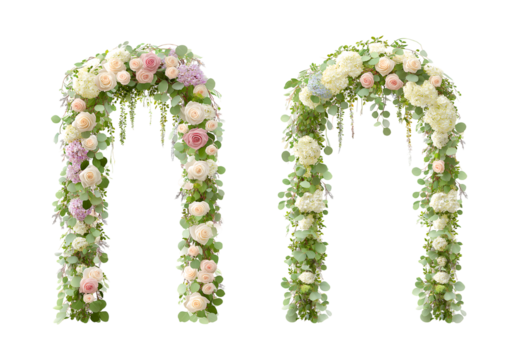Romantic White and Pink Rose Wedding Arch with Eucalyptus Foliage on a transparent background