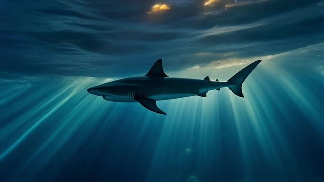 Macro shot of light patterns moving across shark silhouette underwater, soft motion, elegant and clean composition.
