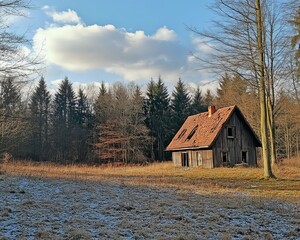 Abandoned cabin nestled in a winter forest