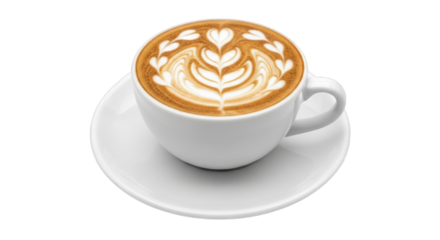 A cup of coffee with latte art on a saucer presented in a studio shot on transparent background