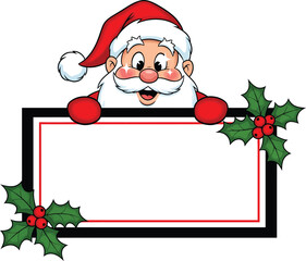 Cartoon Santa Claus with a white beard peeking over a blank sign decorated with holly.