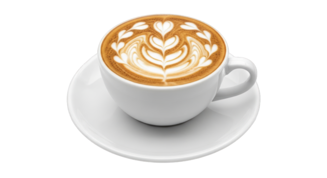 A cup of coffee with latte art on a saucer presented in a studio shot on transparent background - Powered by Adobe
