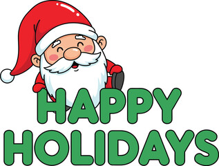 Cheerful cartoon Santa Claus with a red hat peeking over bold green Happy Holidays text.