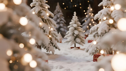 Snowy Christmas Forest Background with Fairy Lights and Blurred Bokeh