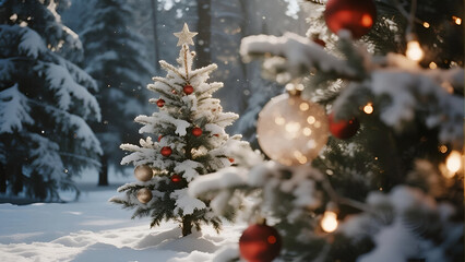 Snowy Christmas Forest Background with Fairy Lights and Blurred Bokeh