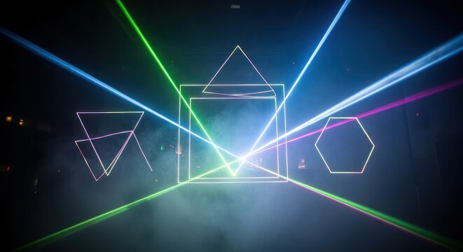 Vibrant geometric laser light show illuminating the darkness, shapes dancing in colorful beams - Powered by Adobe