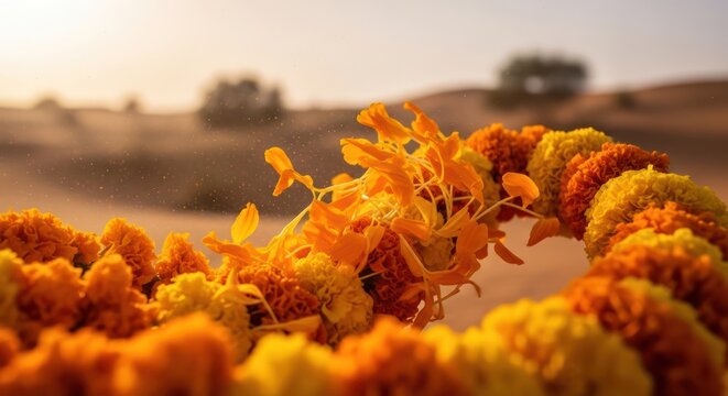 Bright marigold garland with soft background, evoking festivity and warmth, perfect for cultural