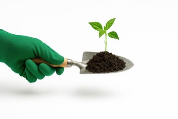 Gardeners hand in green glove holding metal plant shovel filled with dark soil and small green seedling on white background