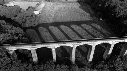 Aerial black and white view of Pontcysyllte Aqueduct