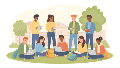 Group of diverse students studying together on campus lawn