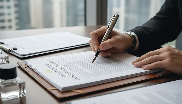 A businessman in a dark suit signs a contract or legal document with a pen in a modern high-rise office.