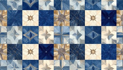 Abstract Geometric Mosaic Tile Pattern in Blue Beige and Gold Tones.