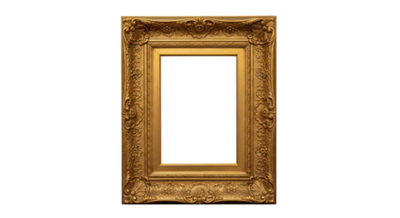 Ornate picture frame with gold finish and decorative floral carvings on transparent background