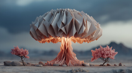 Surreal mock-up of mushroom cloud formed from abstract elements creative explosion concept powerful energy metaphor innovative destruction design modern art installation generated AI