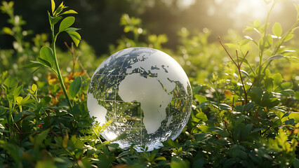A drop of water, transformed into a fragile globe amid green shoots, reflects global ecological vulnerability, perfect atmospheric backdrop for presentations on climate challenges, Global Ecological 