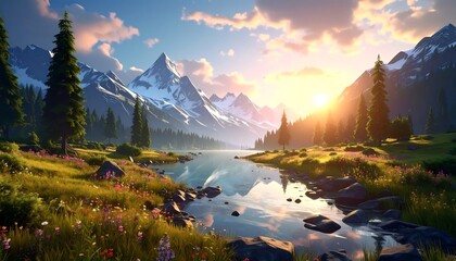 Scenic mountain range, lake, and forest at sunset with bright colors