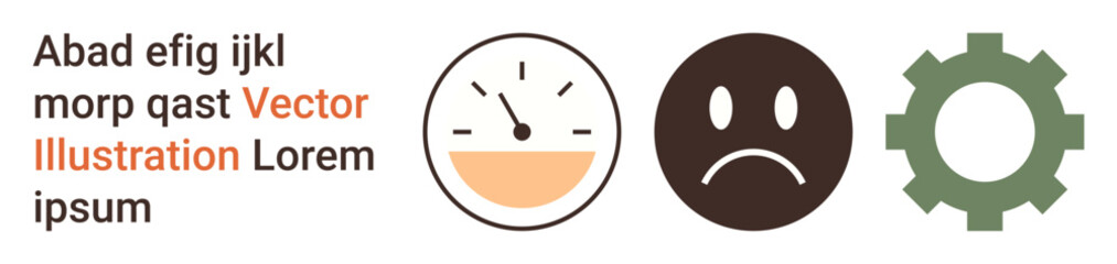 Productivity, performance monitoring, emotional response, technical process, decision-making, and teamwork. A speedometer, sad face and gear icon. Productivity concepts and technical processes