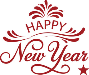 Elegant red Happy New Year typographic design with cursive script decorative flourishes and a star.