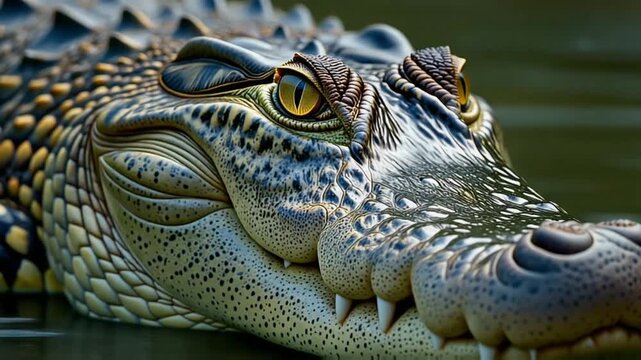Cinematic macro video focusing on a crocodile eye blinking slowly, detailed skin texture, realistic reflection, clean lighting, no noise.