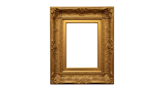 Ornate picture frame with gold finish and decorative floral carvings on transparent background - Powered by Adobe