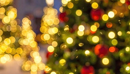 Abstract bokeh of glowing golden Christmas tree lights creating a festive atmosphere.