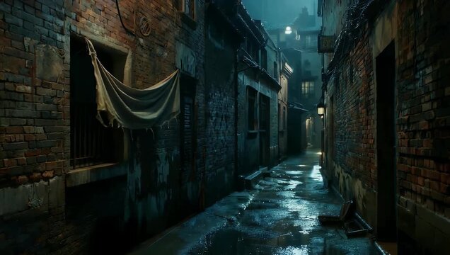 Atmospheric 4K footage shot on a cinema camera in raw providing an establishing shot of a dark narrow alleyway at night creating an evocative mood without any discernible faces or corporate logos