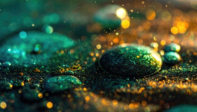 Abstract macro of shimmering teal liquid droplets and golden glitter particles.
