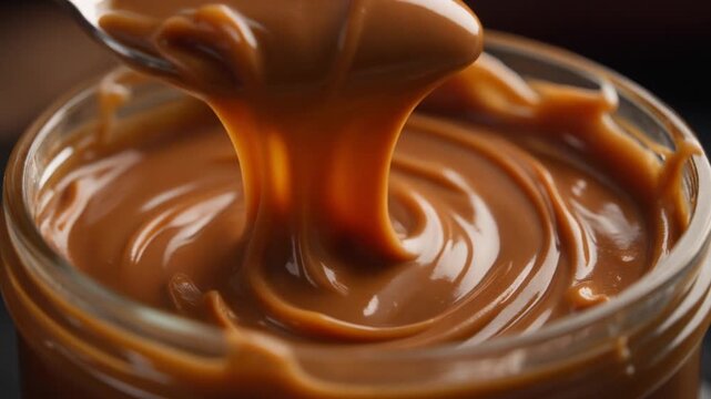 Close up of a Spoon Stirring Glossy Dulce De Leche