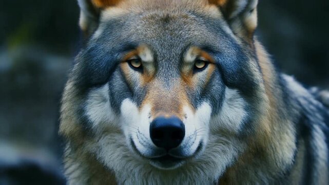 Macro cinematic video of a wolf&rsquo;s intense gaze, soft breathing motion, slow blink, cool-toned lighting, sharp fur texture, clean focus, no particles.
