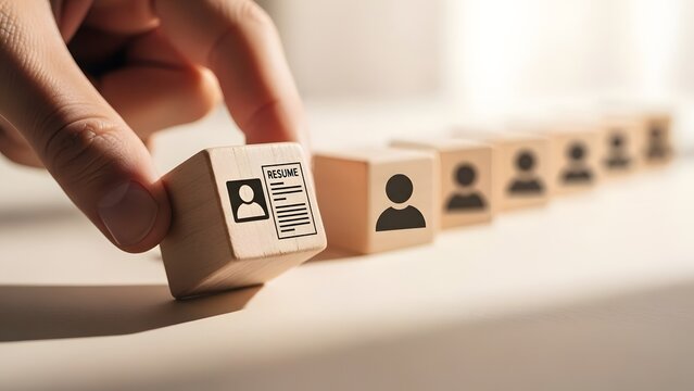 Building a team hand placing wooden block with resume icon in a row