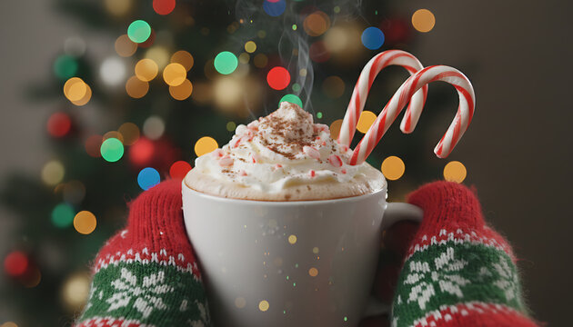 Festive holiday cocoa with candy canes and cozy mittens by twinkling tree