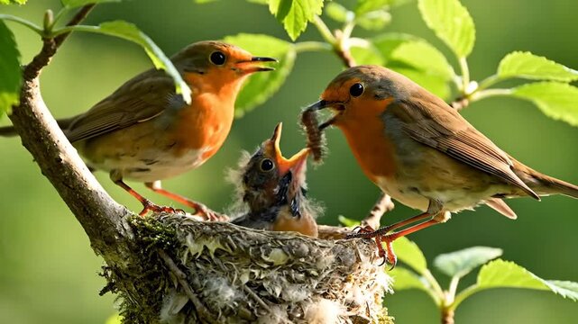 Two parent birds feeding young chick caterpillar in nest natural green environment close up