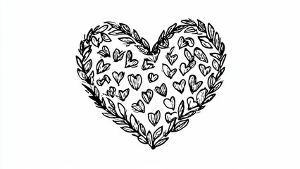 Hand Drawn Black Heart with Leaves and Small Hearts Inside on White Background, Romantic Sketch